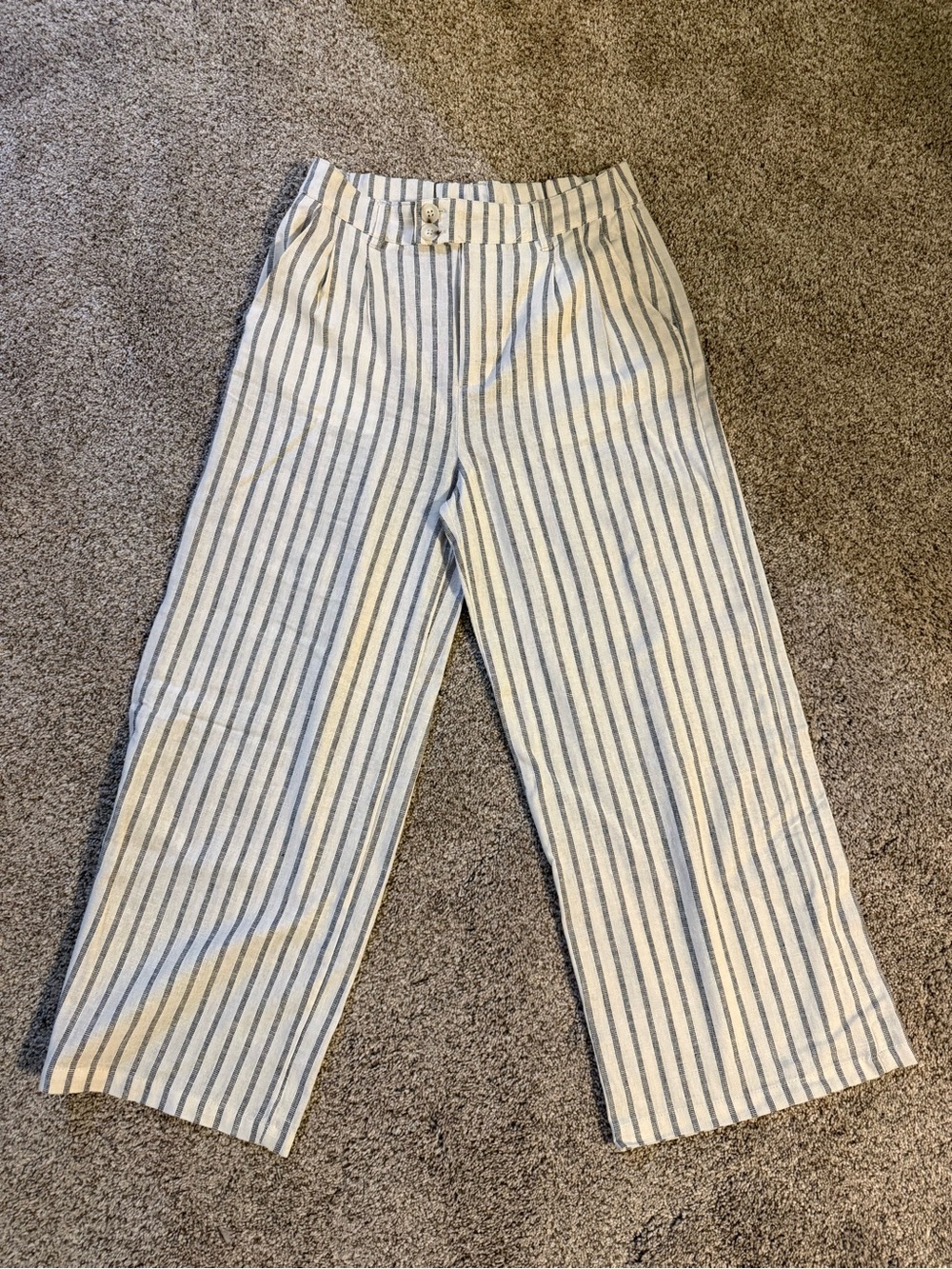 Love Tree Cream and Navy Striped Linen Wide-Leg Pants